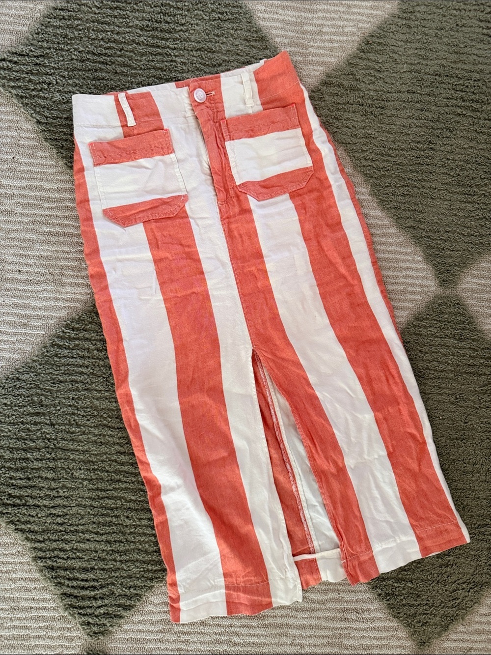 Maeve Coral and White Striped Midi Skirt